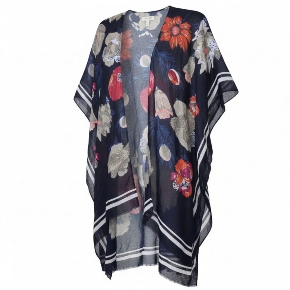 Woven Heart Navy Floral Sheer Kimono Cardigan with Red and Cream Flowers - Picture 1 of 11